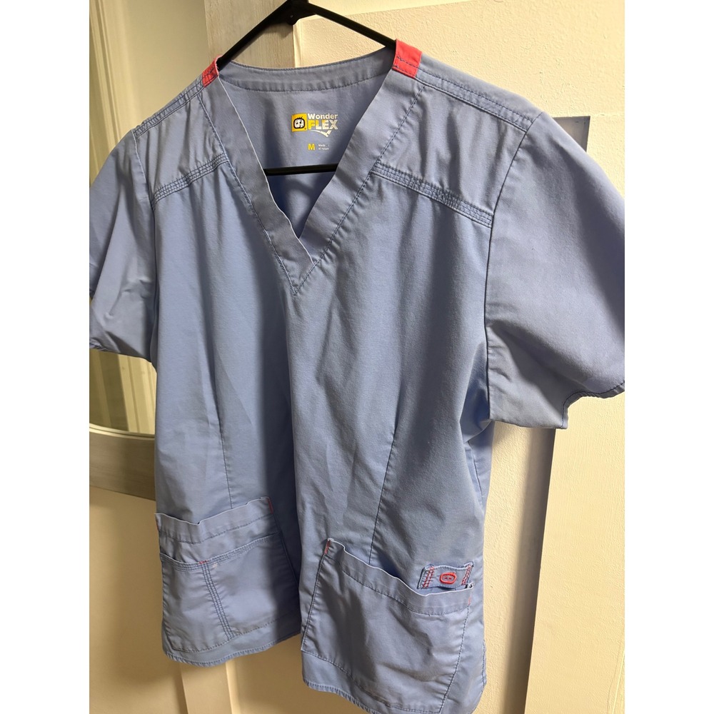 Wink WonderFlex Womens Scrub Top V-Neck Blue Pink Trim Size M Medical Uniform